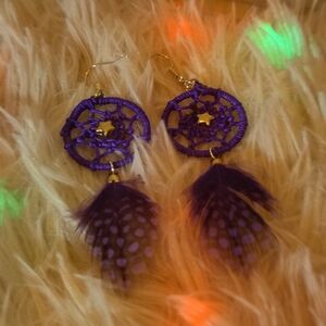 Purple Dreamcatcher Feather Dangle Earrings with Gold Star Accent